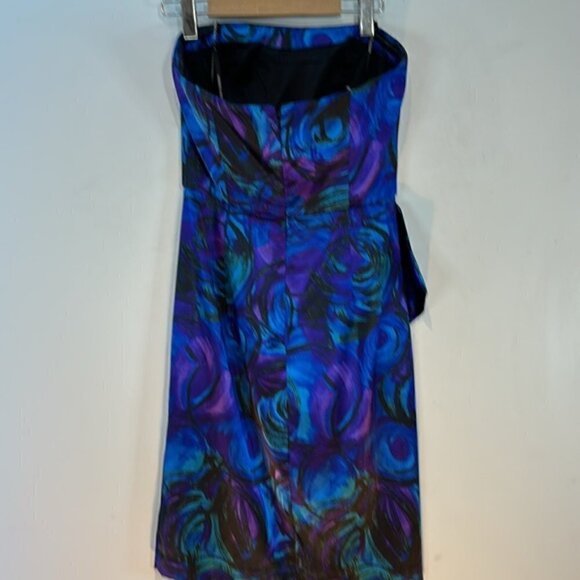 Vintage Maggy London satin strapless peacock print dress size 6 - Picture 4 of 9